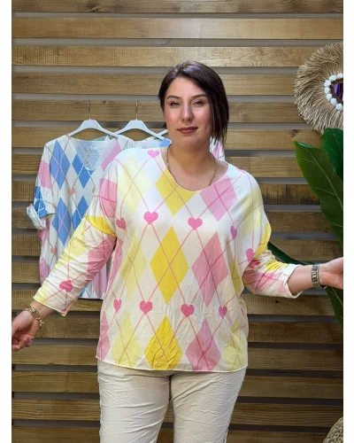 İtalyan Tasarım V Yaka Dijital Baskı Angora Karışım Hafif Bluz Pembe