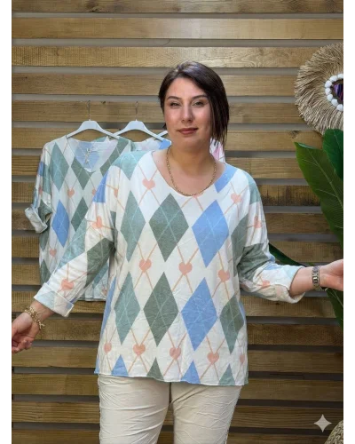 İtalyan Tasarım V Yaka Dijital Baskı Angora Karışım Hafif Bluz Haki