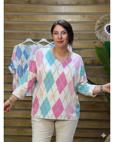 İtalyan Tasarım V Yaka Dijital Baskı Angora Karışım Hafif Bluz Türk Mavi