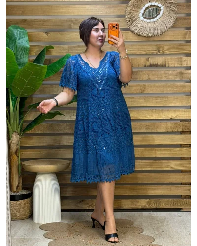 İtalyan Tasarım Yakası Pul Detaylı İpek Elbise Mavi