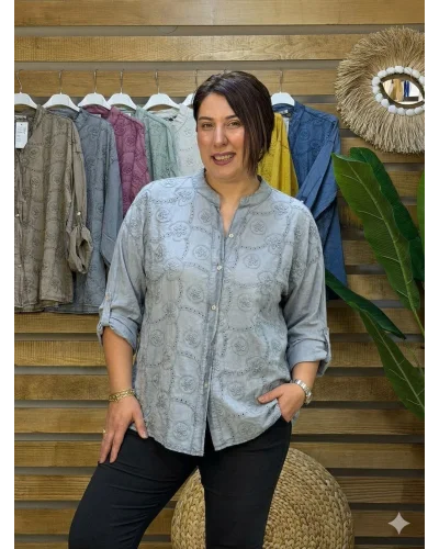 İtalyan Tasarım Nakış İşlemeli Sırt Detay İpek Gömlek İndigo