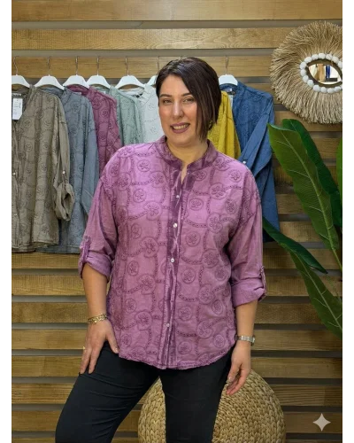 İtalyan Tasarım Nakış İşlemeli Sırt Detay İpek Gömlek Mürdüm