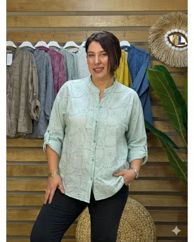 İtalyan Tasarım Nakış İşlemeli Sırt Detay İpek Gömlek Su Yeşili