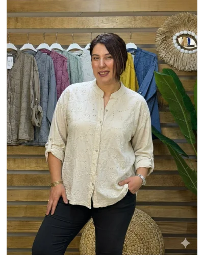 İtalyan Tasarım Nakış İşlemeli Sırt Detay İpek Gömlek Kemik