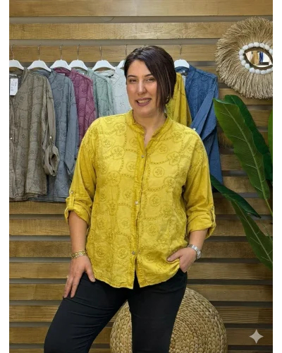 İtalyan Tasarım Nakış İşlemeli Sırt Detay İpek Gömlek Hardal