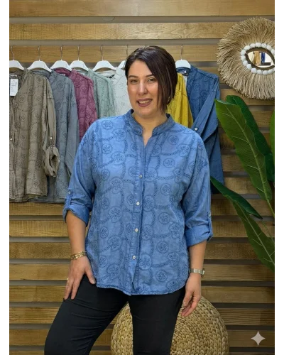 İtalyan Tasarım Nakış İşlemeli Sırt Detay İpek Gömlek Mavi