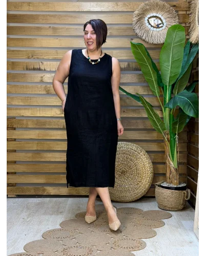 İtalyan Tasarım Sırt İşleme Detaylı Keten Elbise Siyah