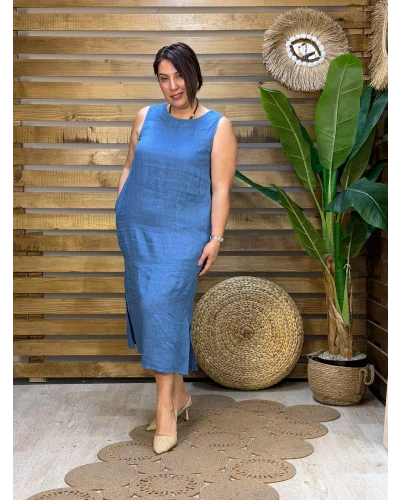 İtalyan Tasarım Sırt İşleme Detaylı Keten Elbise Mavi