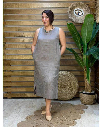 İtalyan Tasarım Sırt İşleme Detaylı Keten Elbise Vizon