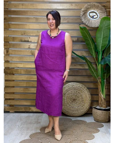 İtalyan Tasarım Sırt İşleme Detaylı Keten Elbise Erguvan