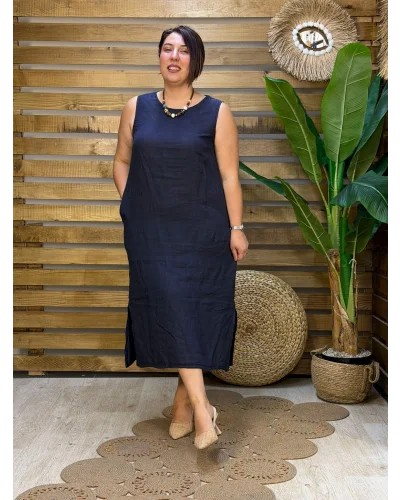 İtalyan Tasarım Sırt İşleme Detaylı Keten Elbise Lacivert