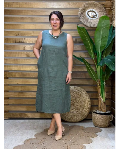 İtalyan Tasarım Sırt İşleme Detaylı Keten Elbise Haki