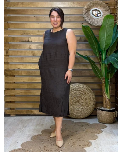 İtalyan Tasarım Sırt İşleme Detaylı Keten Elbise Kahverengi