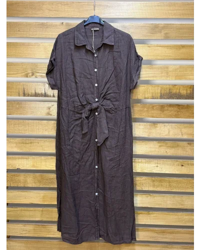 İtalyan Tasarım Önü Bağlama Detaylı Keten Elbise Kahverengi