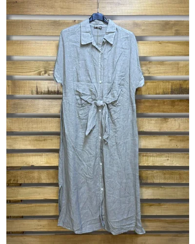 İtalyan Tasarım Önü Bağlama Detaylı Keten Elbise Vizon