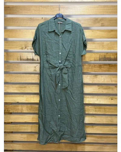 İtalyan Tasarım Önü Bağlama Detaylı Keten Elbise Haki