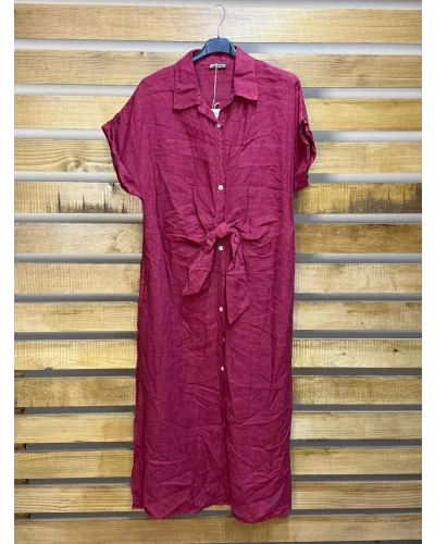 İtalyan Tasarım Önü Bağlama Detaylı Keten Elbise Şarabi