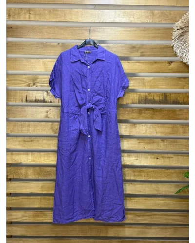 İtalyan Tasarım Önü Bağlama Detaylı Keten Elbise Mor