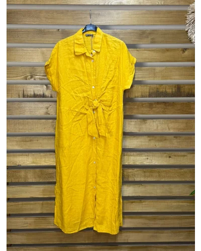 İtalyan Tasarım Önü Bağlama Detaylı Keten Elbise Sarı