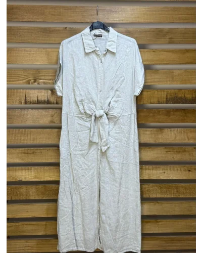 İtalyan Tasarım Önü Bağlama Detaylı Keten Elbise Ekru