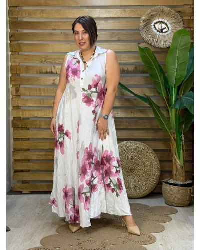 İtalyan Tasarım Dijital Baskı Çiçek Desen Ham Keten Elbise Beyaz