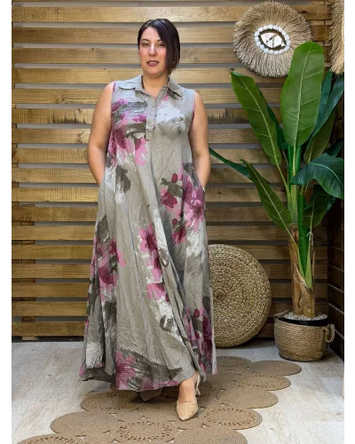 İtalyan Tasarım Dijital Baskı Çiçek Desen Ham Keten Elbise Vizon