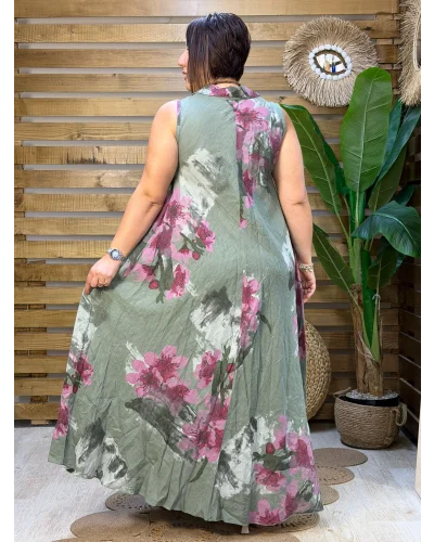 İtalyan Tasarım Dijital Baskı Çiçek Desen Ham Keten Elbise Haki