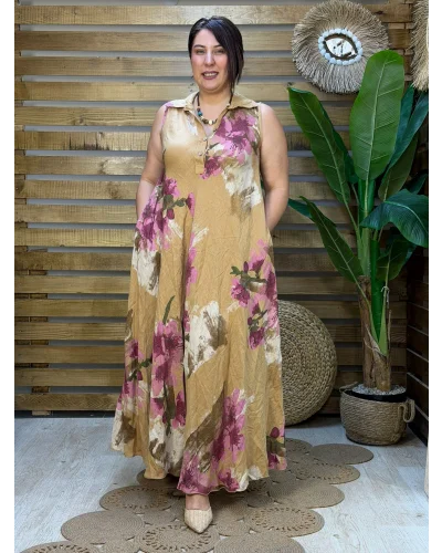 İtalyan Tasarım Dijital Baskı Çiçek Desen Ham Keten Elbise Camel