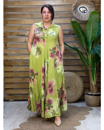 İtalyan Tasarım Dijital Baskı Çiçek Desen Ham Keten Elbise Fıstık Yeşil