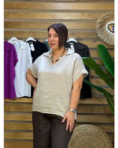 İtalyan Tasarım Gömlek Yaka Ham Keten Bluz Krem