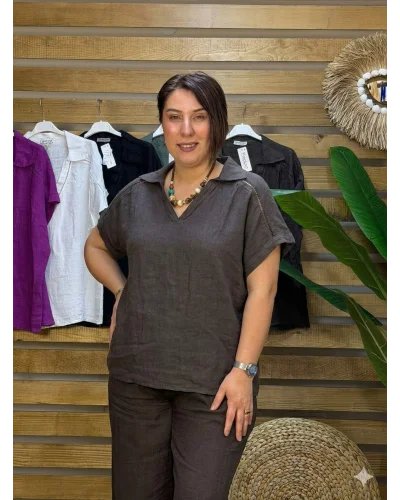 İtalyan Tasarım Gömlek Yaka Ham Keten Bluz Acı Kahve