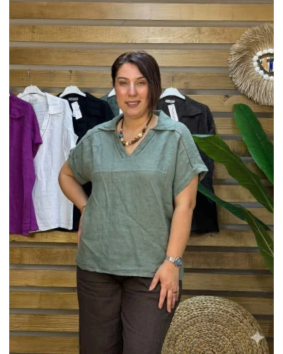 İtalyan Tasarım Gömlek Yaka Ham Keten Bluz Haki