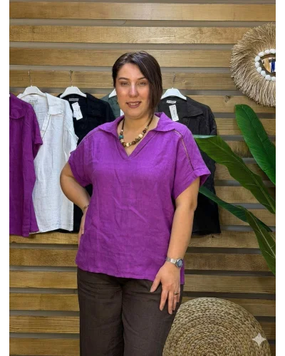 İtalyan Tasarım Gömlek Yaka Ham Keten Bluz Erguvan