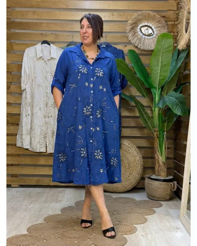 İtalyan Tasarım Nakış İşleme Pul Detaylı Gömlek Elbise Mavi