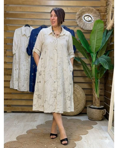 İtalyan Tasarım Nakış İşleme Pul Detaylı Gömlek Elbise Krem