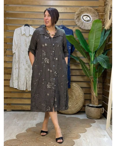 İtalyan Tasarım Nakış İşleme Pul Detaylı Gömlek Elbise Kahve