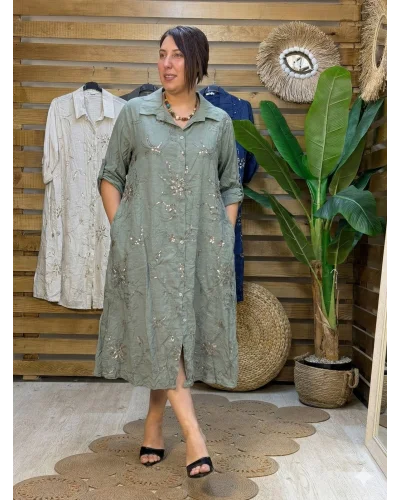 İtalyan Tasarım Nakış İşleme Pul Detaylı Gömlek Elbise Haki