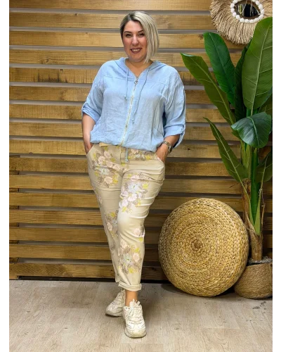 İtalyan Tasarım Çiçek Desen Full Likralı Kemerli Boyfriend Pantolon