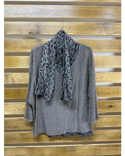 İtalyan Tasarım Leopar Desen Fularlı Yün Bluz Kahve