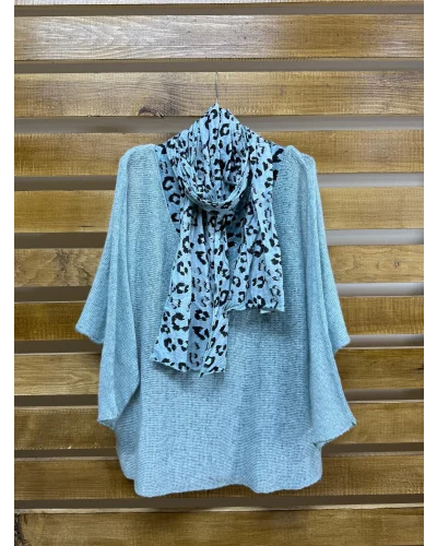 İtalyan Tasarım Leopar Desen Fularlı Yün Bluz SU Yeşili
