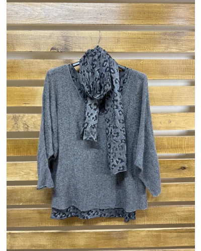 İtalyan Tasarım Leopar Desen Fularlı Yün Bluz Antrasit