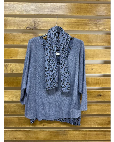 İtalyan Tasarım Leopar Desen Fularlı Yün Bluz İndigo
