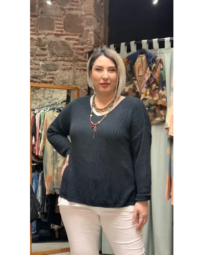 İtalyan Eskitme Merserize Tasarım Bluz Siyah