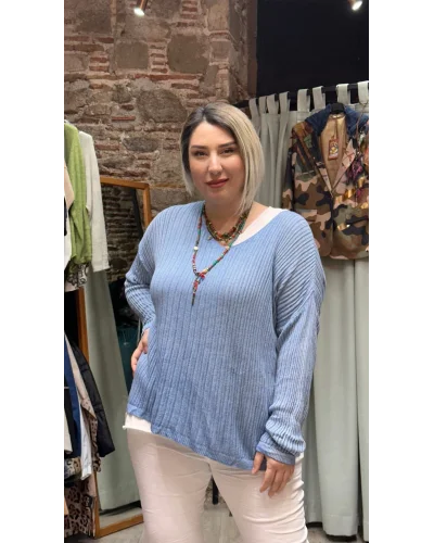 İtalyan Eskitme Merserize Tasarım Bluz İndigo