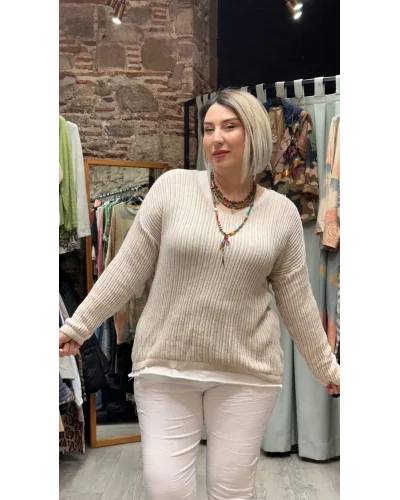 İtalyan Eskitme Merserize Tasarım Bluz Bej