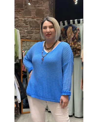 İtalyan Eskitme Merserize Tasarım Bluz Saks Mavi