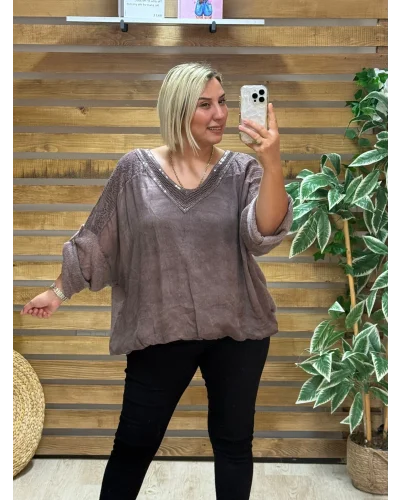 İtalyan Tasarım Önü İpek Arkası Triko V Yaka Bluz Kahverengi