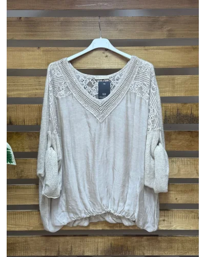 İtalyan Tasarım Önü İpek Arkası Triko V Yaka Bluz Krem