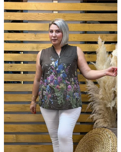 İtalyan Pamuk Keten Çicekli Bluz Kahve