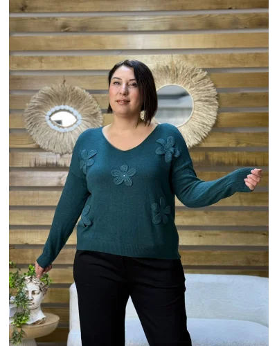 İtalyan Tasarım Papatya İşlemeli Angora Kazak Türk Mavisi